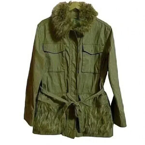 Anthropologie Saskia Faux Fur Jacket M Green Winter Detachable Hood Belt Pockets